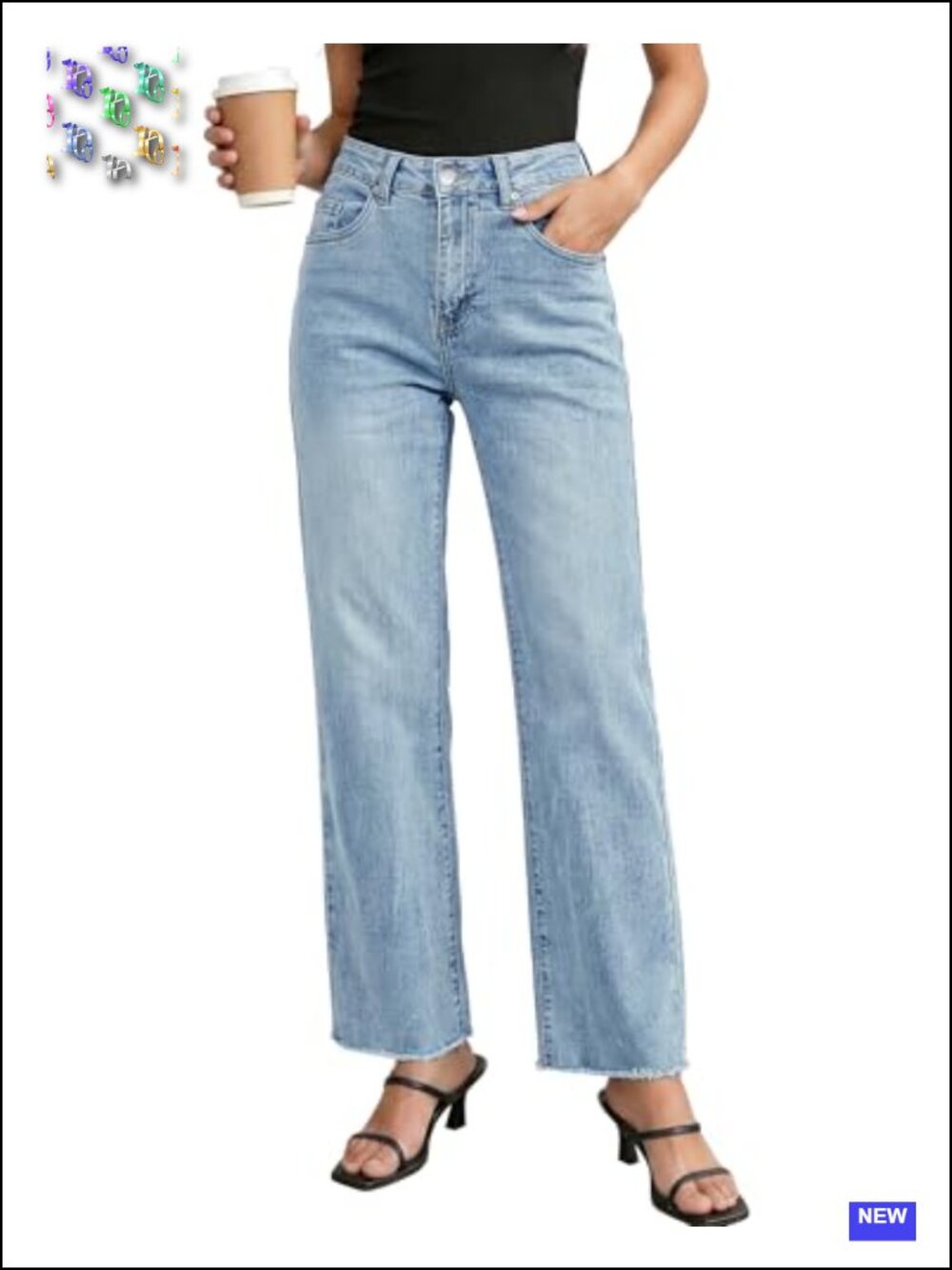 High Waisted Straight Leg Jeans with Frayed Raw Hem Stretchy Denim
